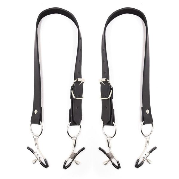 Double black nipple and clitoral clamps with leather